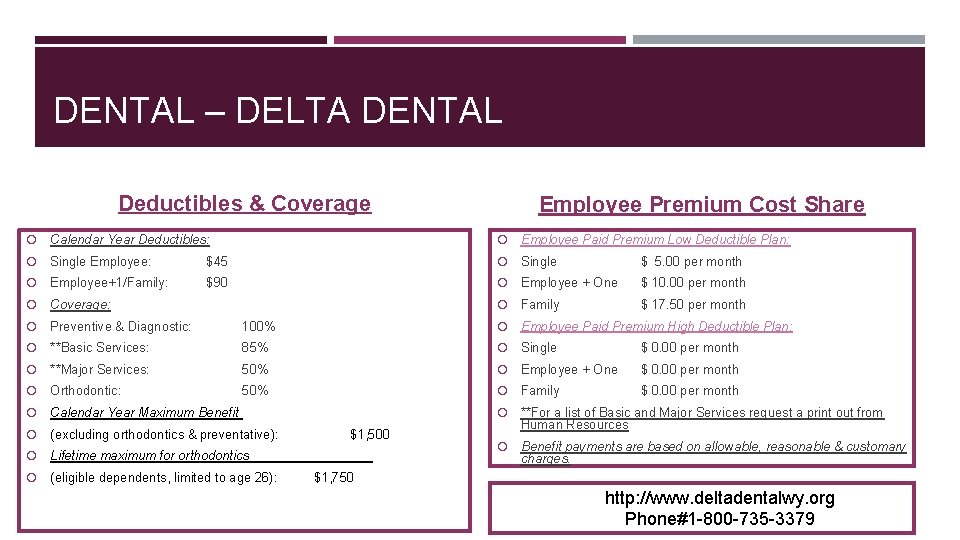 DENTAL – DELTA DENTAL Deductibles & Coverage Employee Premium Cost Share Calendar Year Deductibles: