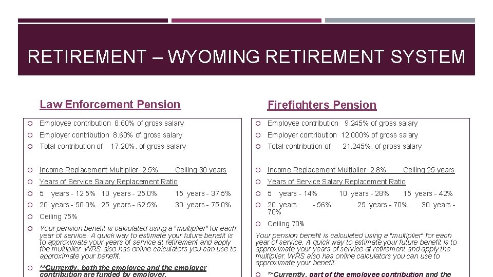 RETIREMENT – WYOMING RETIREMENT SYSTEM Law Enforcement Pension Firefighters Pension Employee contribution 8. 60%
