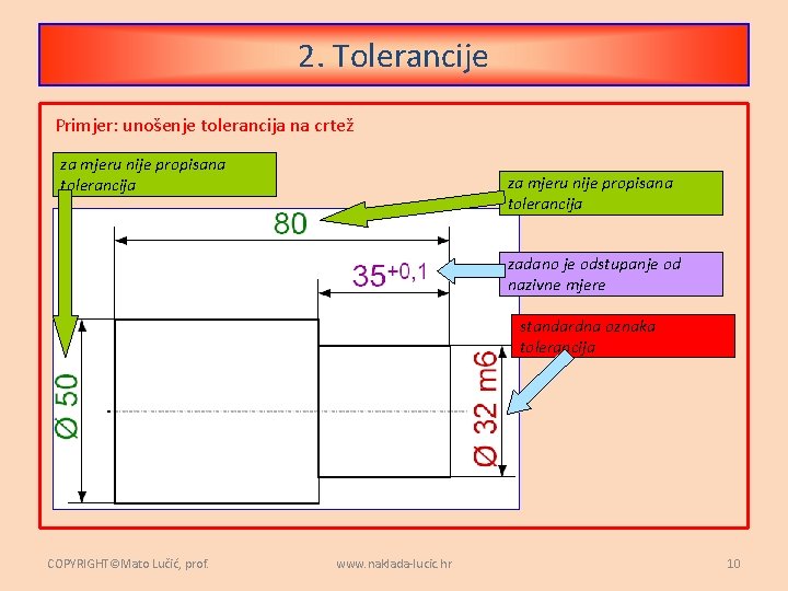 2. Tolerancije Primjer: unošenje tolerancija na crtež za mjeru nije propisana tolerancija zadano je