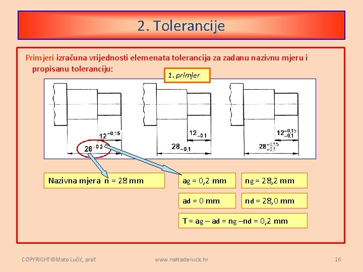 2. Tolerancije Primjeri izračuna vrijednosti elemenata tolerancija za zadanu nazivnu mjeru i propisanu toleranciju: