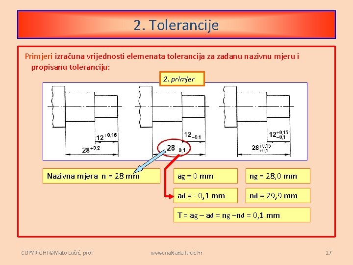 2. Tolerancije Primjeri izračuna vrijednosti elemenata tolerancija za zadanu nazivnu mjeru i propisanu toleranciju: