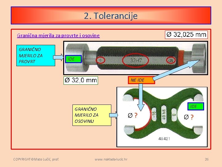 2. Tolerancije Granična mjerila za provrte i osovine GRANIČNO MJERILO ZA PROVRT IDE NE