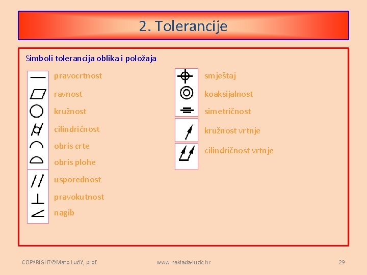 2. Tolerancije Simboli tolerancija oblika i položaja pravocrtnost smještaj ravnost koaksijalnost kružnost simetričnost cilindričnost