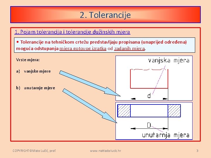 2. Tolerancije 1. Pojam tolerancija i tolerancije dužinskih mjera • Tolerancije na tehničkom crtežu