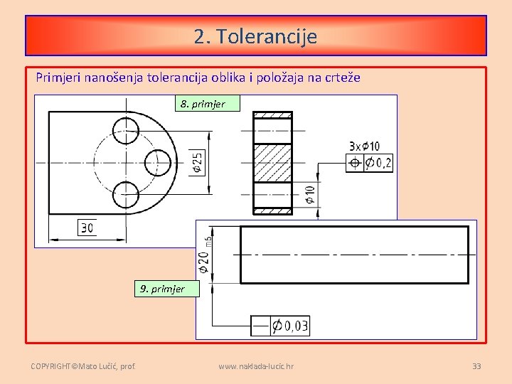 2. Tolerancije Primjeri nanošenja tolerancija oblika i položaja na crteže 8. primjer 9. primjer