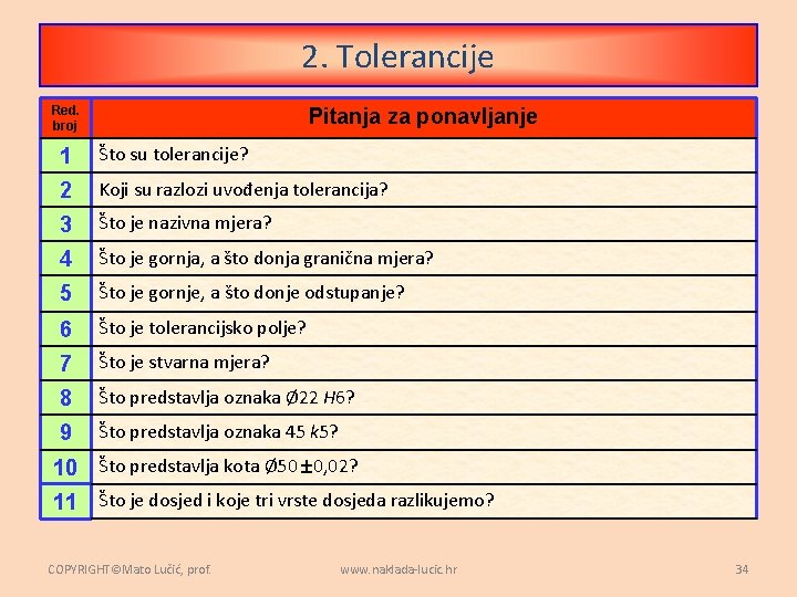 2. Tolerancije Red. broj Pitanja za ponavljanje 1 Što su tolerancije? 2 Koji su