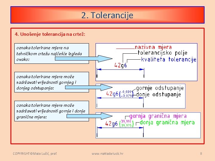 2. Tolerancije 4. Unošenje tolerancija na crtež: oznaka tolerirane mjere na tehničkom crtežu najčešće