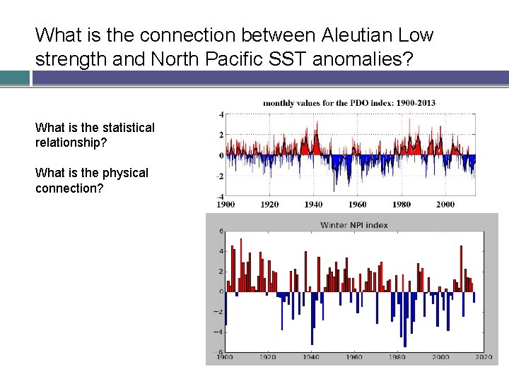 What is the connection between Aleutian Low strength and North Pacific SST anomalies? What What is the connection between Aleutian Low strength and North Pacific SST anomalies? What