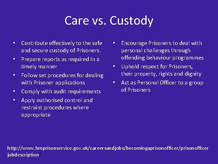 Care vs. Custody • Contribute effectively to the safe and secure custody of Prisoners.
