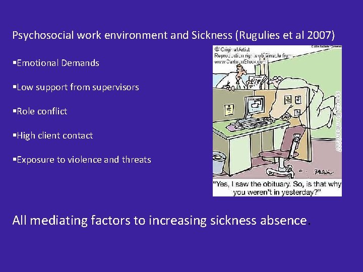 Psychosocial work environment and Sickness (Rugulies et al 2007) §Emotional Demands §Low support from