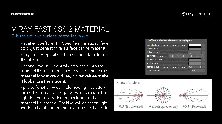 V-RAY FAST SSS 2 MATERIAL Diffuse and sub-surface scattering layers • scatter coefficient –