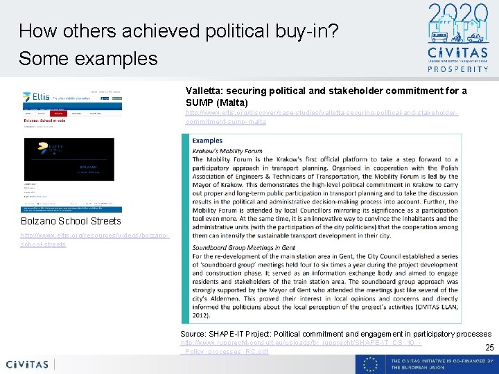 How others achieved political buy-in? Some examples Valletta: securing political and stakeholder commitment for