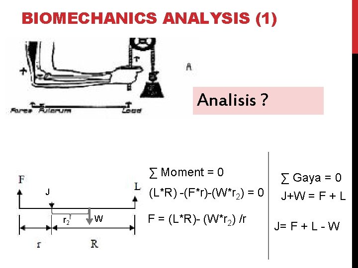 BIOMECHANICS ANALYSIS (1) Analisis ? J r 2 W ∑ Moment = 0 ∑