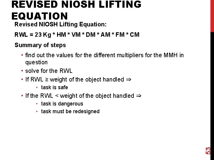 REVISED NIOSH LIFTING EQUATION Revised NIOSH Lifting Equation: RWL = 23 Kg * HM