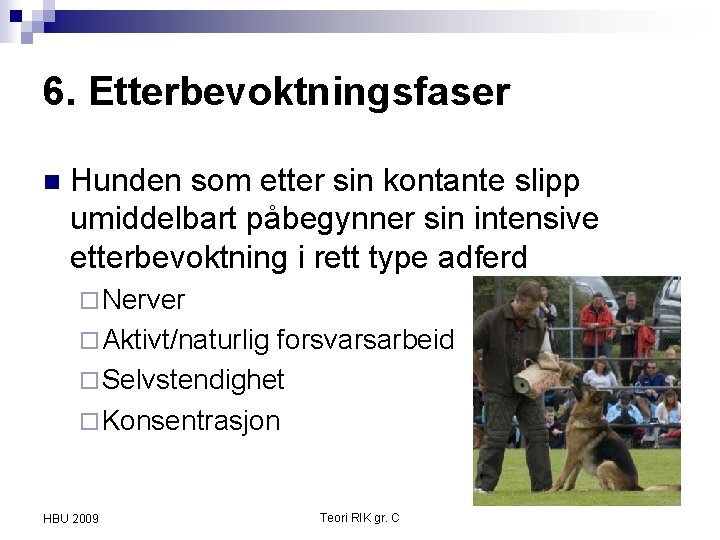 6. Etterbevoktningsfaser n Hunden som etter sin kontante slipp umiddelbart påbegynner sin intensive etterbevoktning