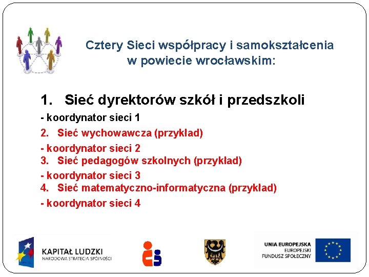 Cztery Sieci współpracy i samokształcenia w powiecie wrocławskim: 1. Sieć dyrektorów szkół i przedszkoli