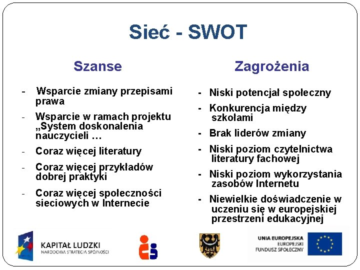 Sieć - SWOT Szanse Zagrożenia - Wsparcie zmiany przepisami prawa - Wsparcie w ramach