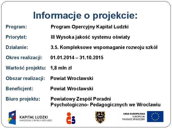 Informacje o projekcie: Program: Program Opercyjny Kapitał Ludzki Priorytet: III Wysoka jakość systemu oświaty