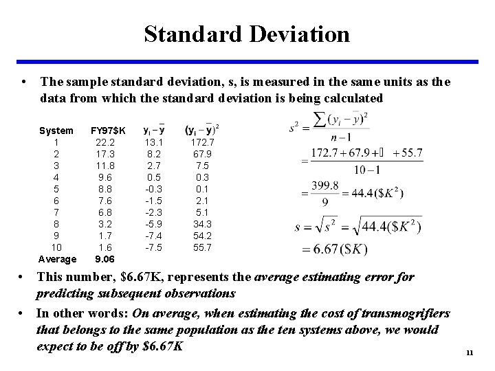 Standard Deviation • The sample standard deviation, s, is measured in the same units