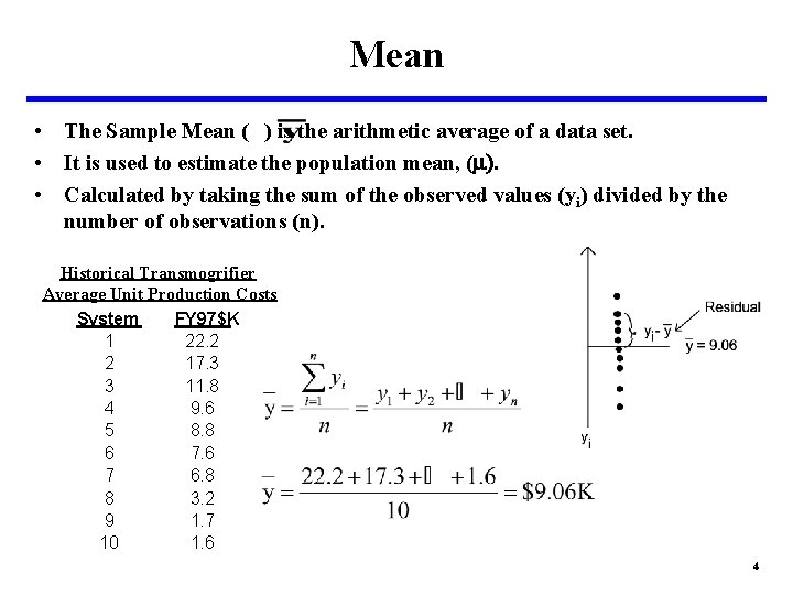 Mean • The Sample Mean ( ) is the arithmetic average of a data