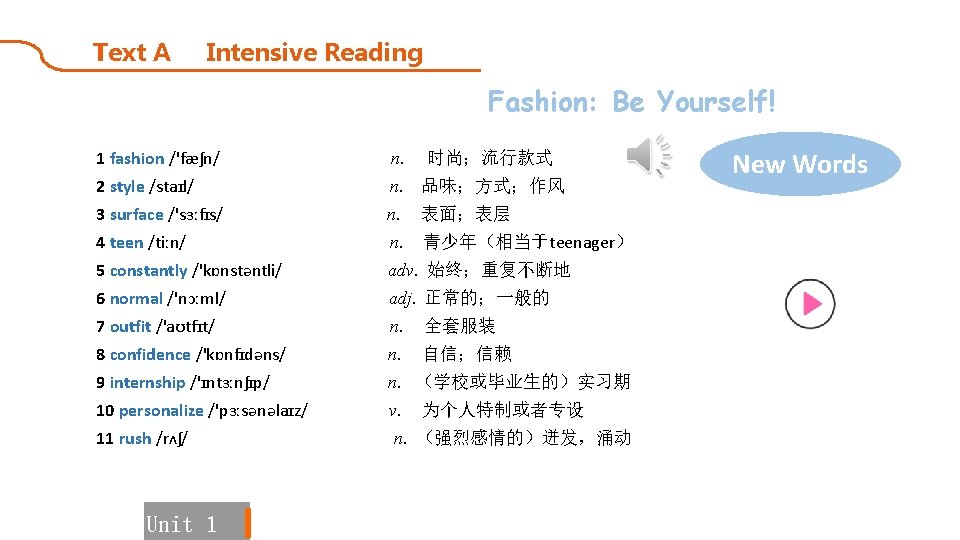 Text A Intensive Reading Fashion: Be Yourself! 1 fashion /'fæʃn/ n. 时尚；流行款式 2 style