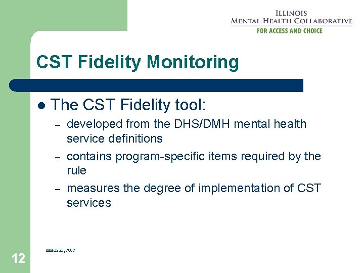 CST Fidelity Monitoring l The CST Fidelity tool: – – – 12 developed from