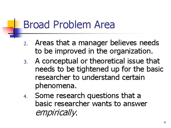 Broad Problem Area 2. 3. 4. Areas that a manager believes needs to be