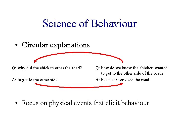 Science of Behaviour • Circular explanations Q: why did the chicken cross the road?