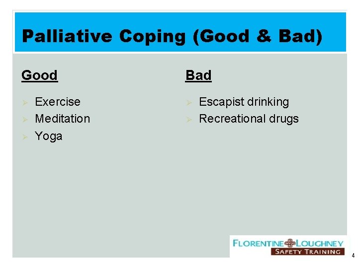 Palliative Coping (Good & Bad) Good Ø Ø Ø Exercise Meditation Yoga Bad Ø