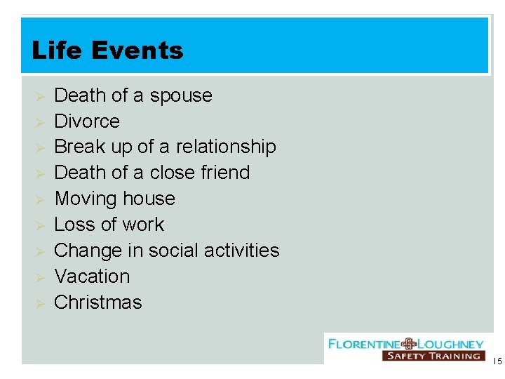 Life Events Ø Ø Ø Ø Ø Death of a spouse Divorce Break up