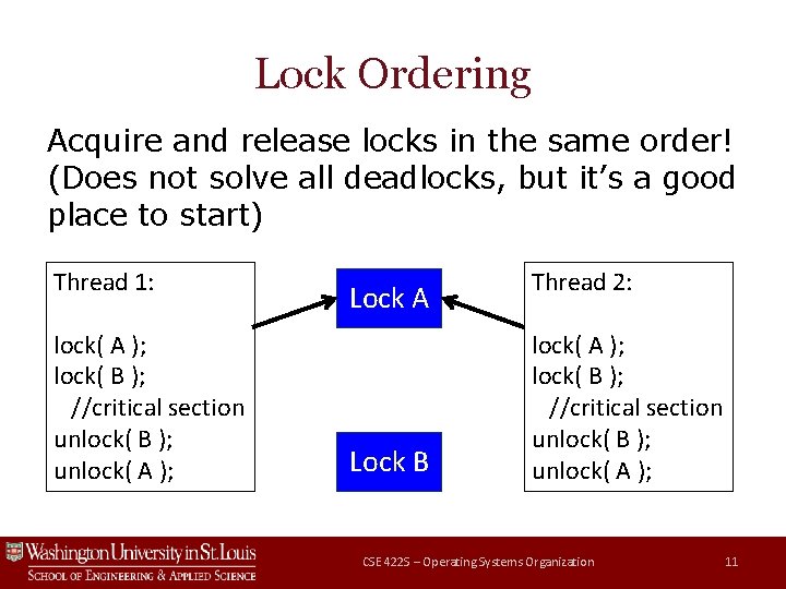 Lock Ordering Acquire and release locks in the same order! (Does not solve all