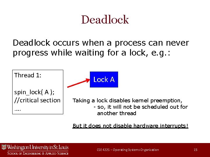 Deadlock occurs when a process can never progress while waiting for a lock, e.