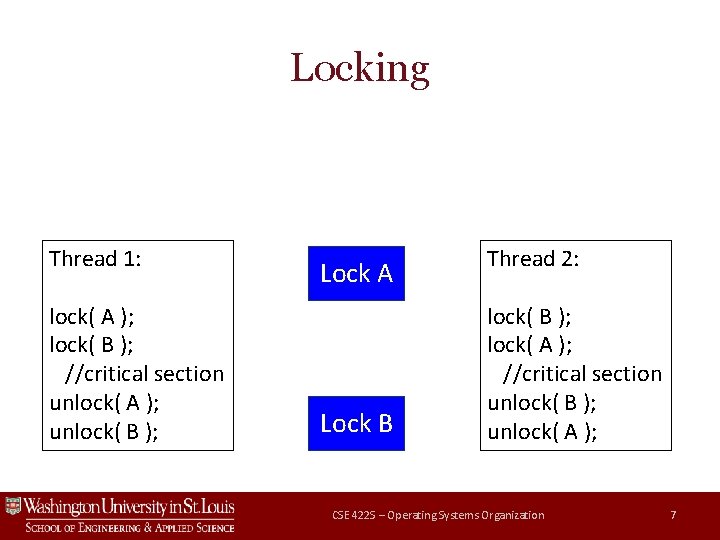 Locking Thread 1: lock( A ); lock( B ); //critical section unlock( A );