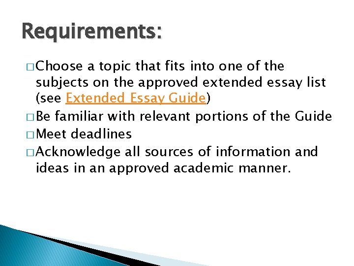 Requirements: � Choose a topic that fits into one of the subjects on the