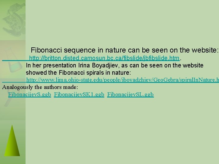 Fibonacci sequence in nature can be seen on the website: http: //britton. disted. camosun.