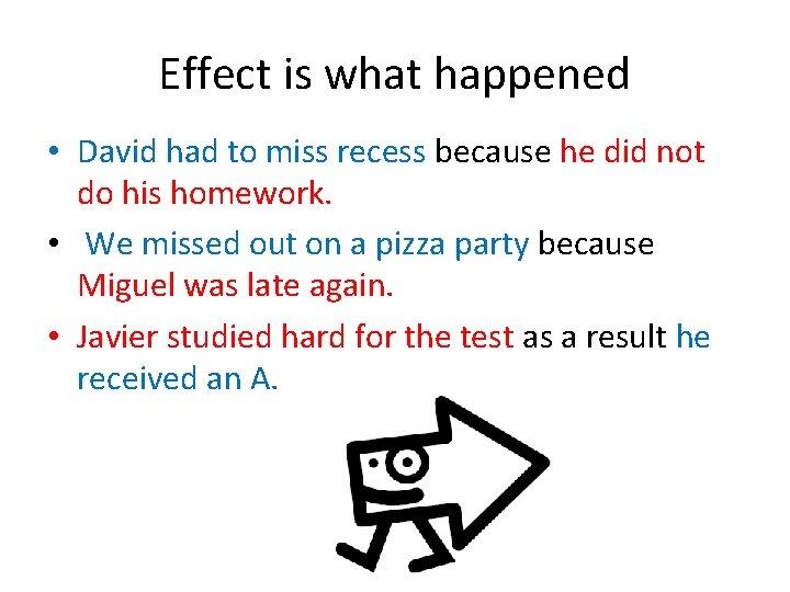 Effect is what happened • David had to miss recess because he did not