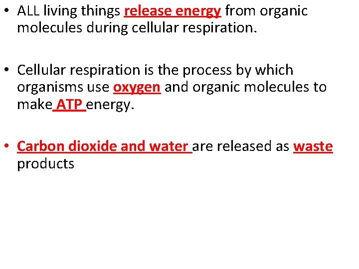  • ALL living things release energy from organic molecules during cellular respiration. •