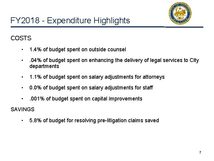 FY 2018 - Expenditure Highlights COSTS • 1. 4% of budget spent on outside
