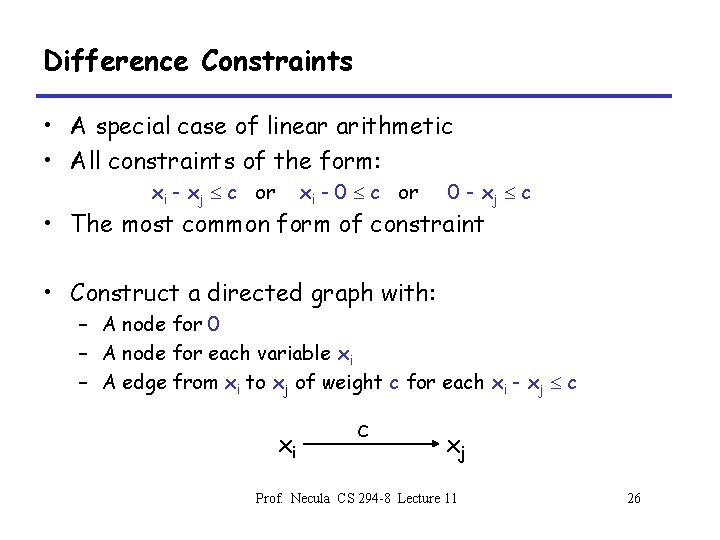 Difference Constraints • A special case of linear arithmetic • All constraints of the