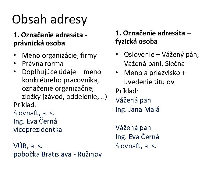 Obsah adresy 1. Označenie adresáta právnická osoba 1. Označenie adresáta – fyzická osoba • Obsah adresy 1. Označenie adresáta právnická osoba 1. Označenie adresáta – fyzická osoba •