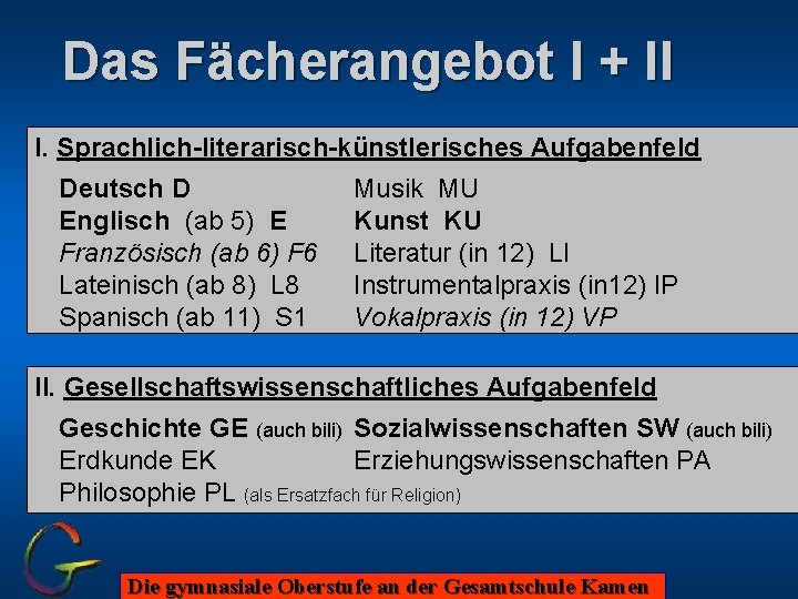 Das Fächerangebot I + II I. Sprachlich-literarisch-künstlerisches Aufgabenfeld Deutsch D Englisch (ab 5) E