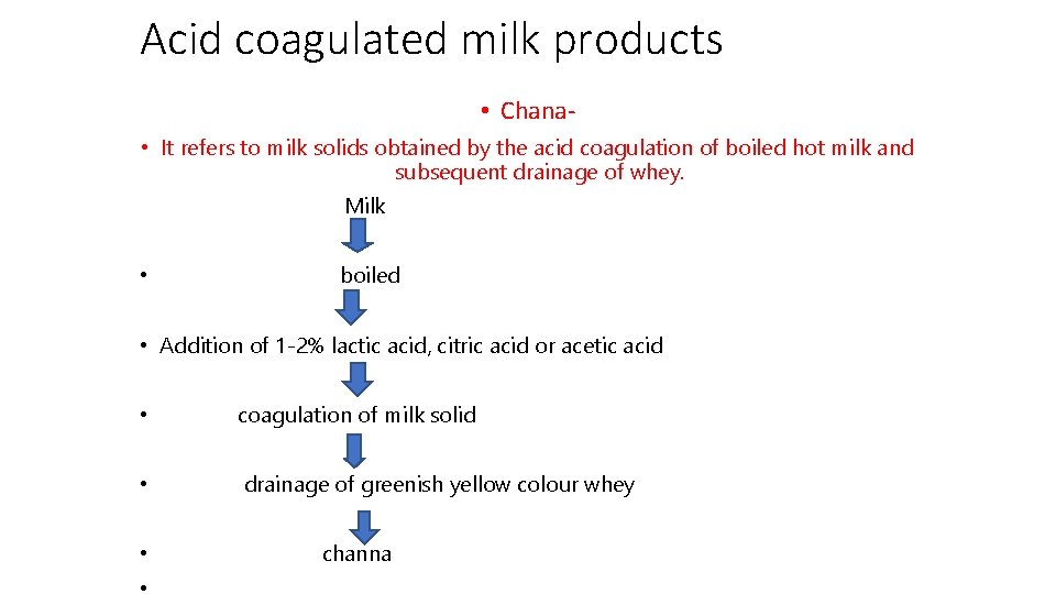 Acid coagulated milk products • Chana • It refers to milk solids obtained by