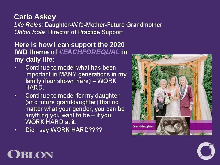 Carla Askey Life Roles: Daughter-Wife-Mother-Future Grandmother Oblon Role: Director of Practice Support Here is