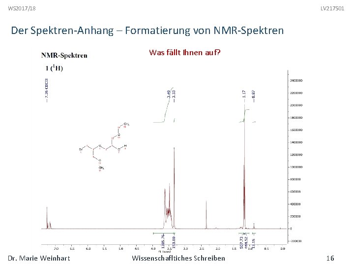 WS 2017/18 LV 217501 Der Spektren-Anhang – Formatierung von NMR-Spektren Was fällt Ihnen auf?