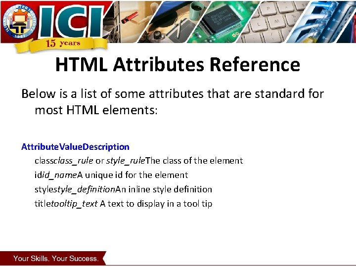 HTML Attributes Reference Below is a list of some attributes that are standard for