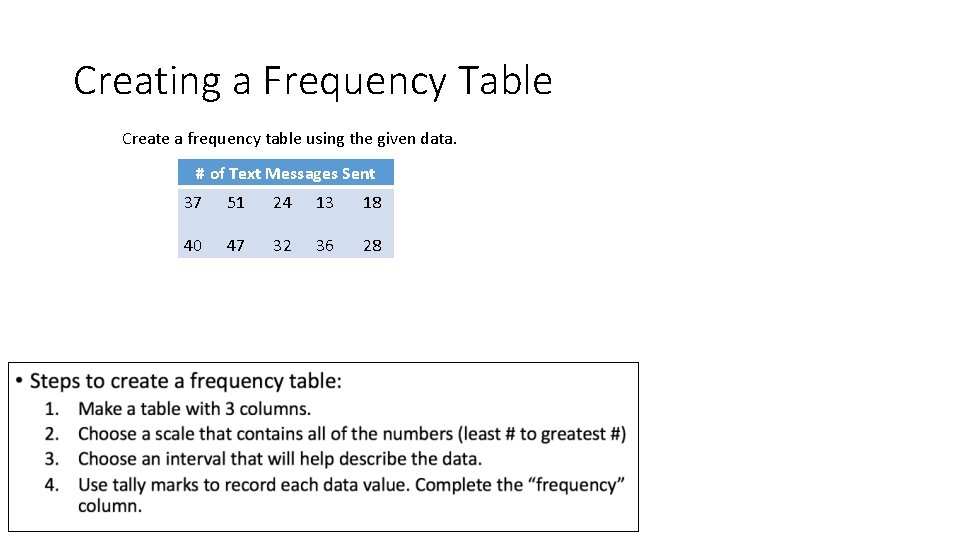 Creating a Frequency Table Create a frequency table using the given data. # of