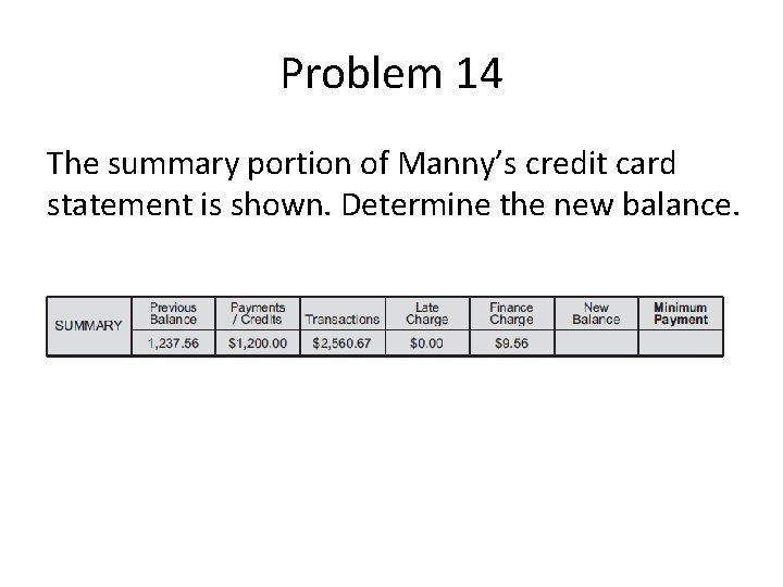 Problem 14 The summary portion of Manny’s credit card statement is shown. Determine the