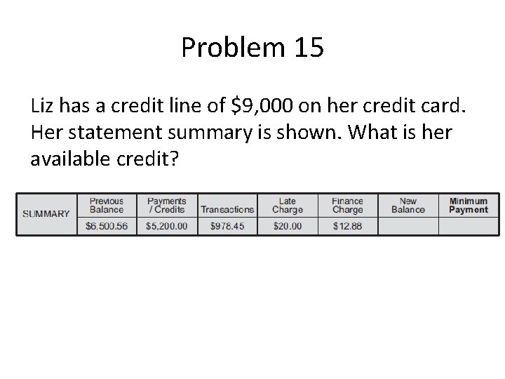 Problem 15 Liz has a credit line of $9, 000 on her credit card.