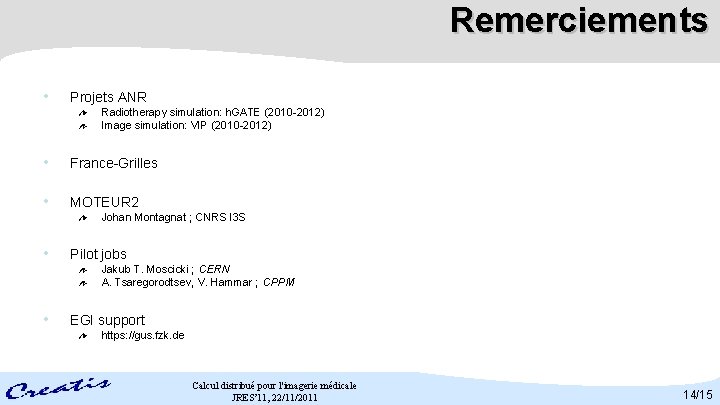 Remerciements • Projets ANR Radiotherapy simulation: h. GATE (2010 -2012) Image simulation: VIP (2010