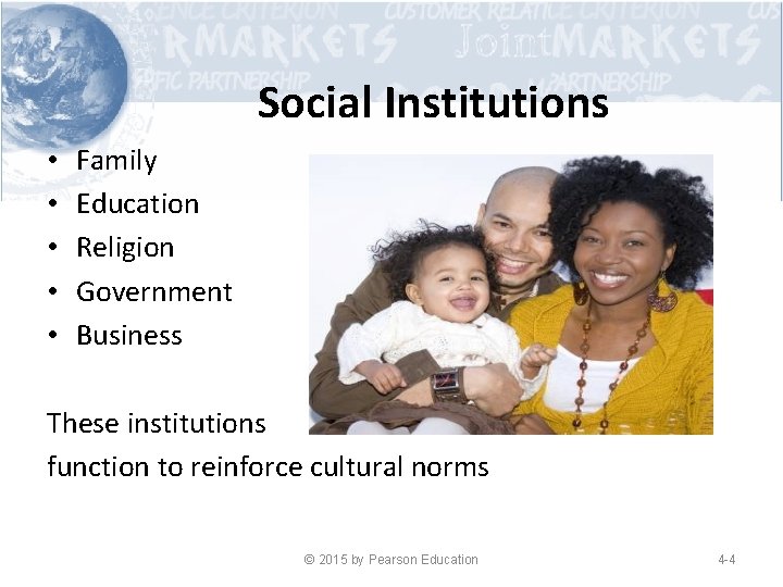 Social Institutions • • • Family Education Religion Government Business These institutions function to